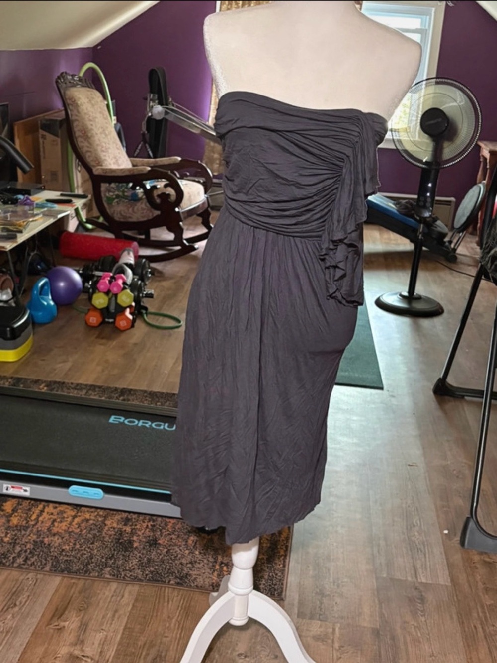 J. Crew Strapless Ruched Midi Dress in Charcoal